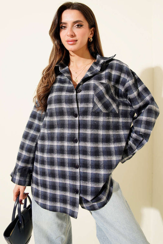 Navy Blue Plaid Striped Shirt with Pockets
