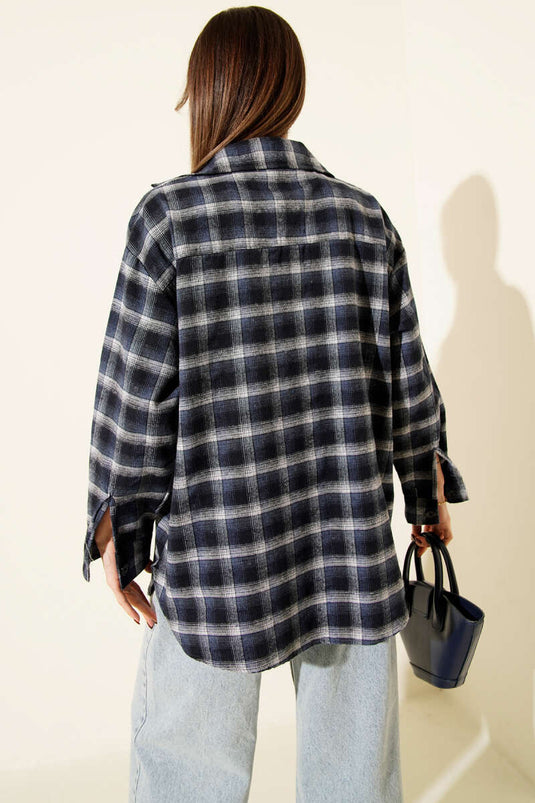 Navy Blue Plaid Striped Shirt with Pockets