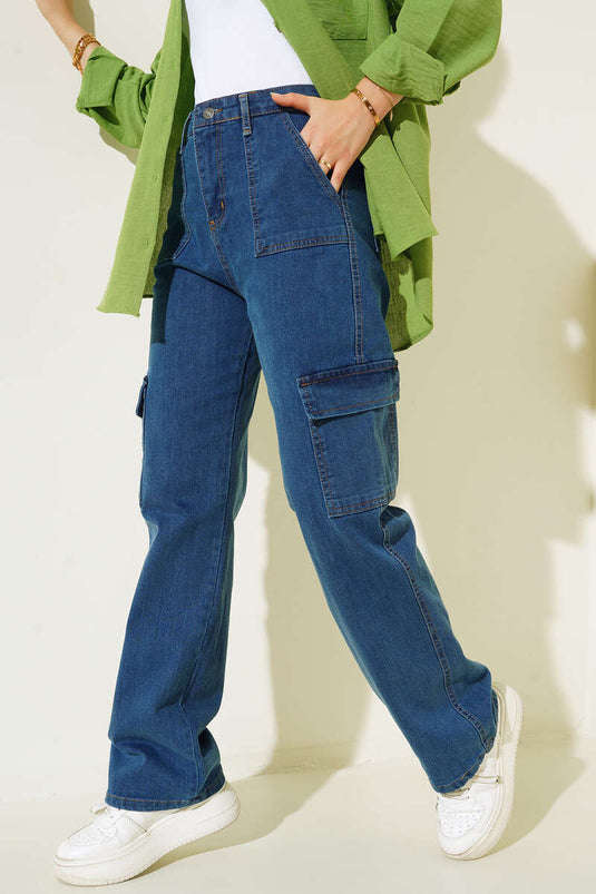 Pantalon Cargo Poches Bleu Moyen