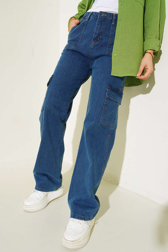 Pantalon Cargo Poches Bleu Moyen