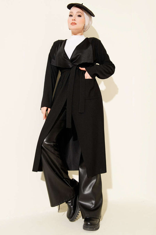 كارديجان طويل بجيوب وحزام، أسود