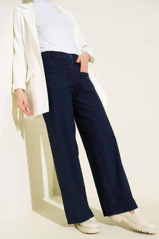 Pantalon large en lin Cepli bleu marine