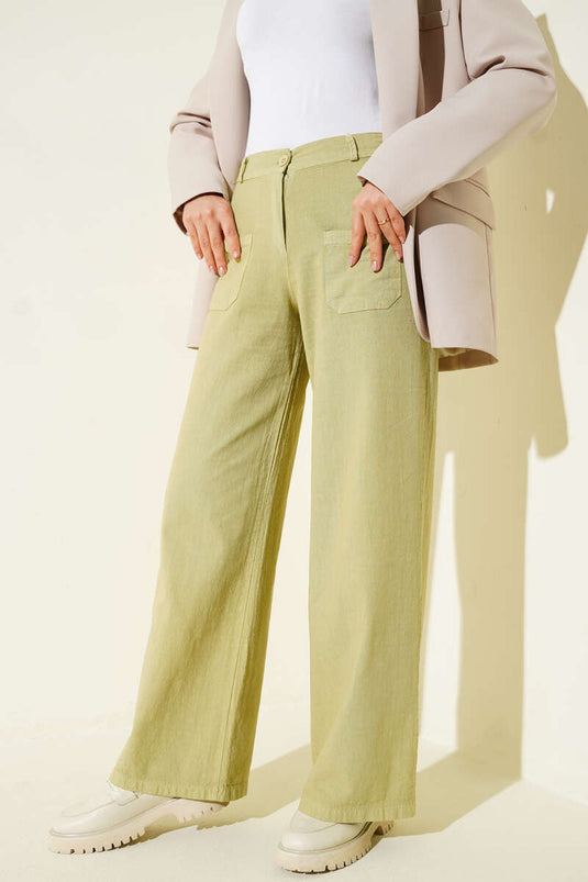 بنطال كتان واسع الساق بجيب بلون الزيتون