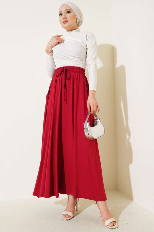 Flared Elastic Waist Skirt with Pockets, Burgundy