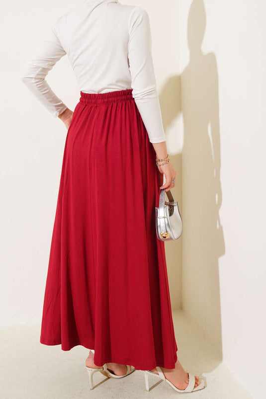 Flared Elastic Waist Skirt with Pockets, Burgundy