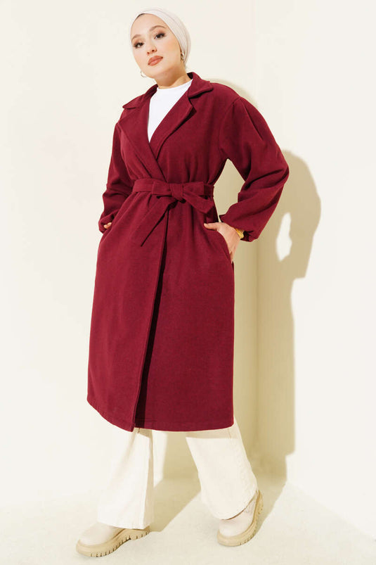 Burgundy Pocketed, Belted, Double-Breasted Kaşe Coat