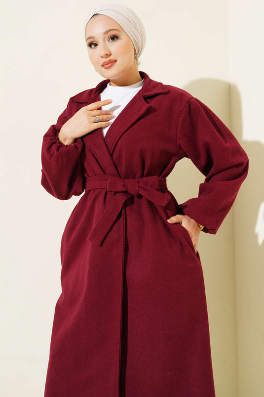 Burgundy Pocketed, Belted, Double-Breasted Kaşe Coat