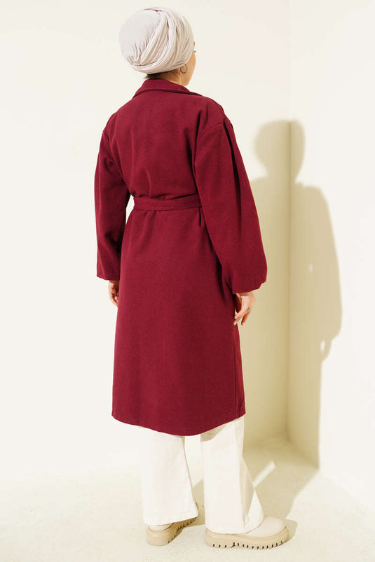 Burgundy Pocketed, Belted, Double-Breasted Kaşe Coat