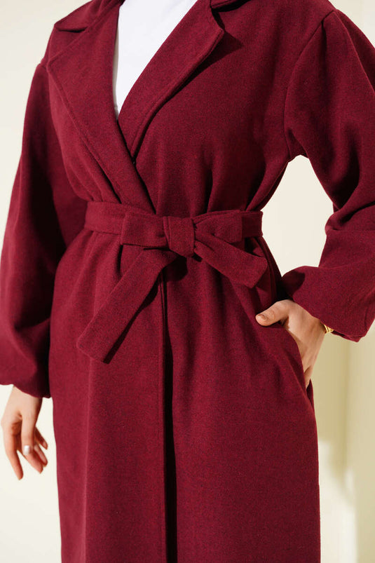 Burgundy Pocketed, Belted, Double-Breasted Kaşe Coat