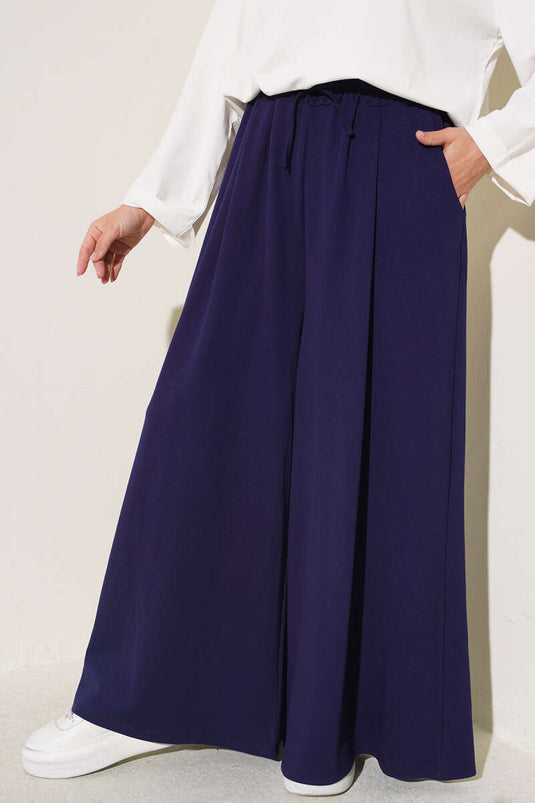 Pantalon Large Bleu Marine À Poches