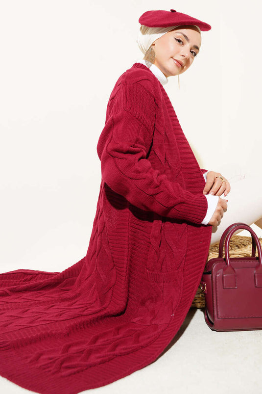 Lang vest met zak en gebreid patroon, bordeauxrood