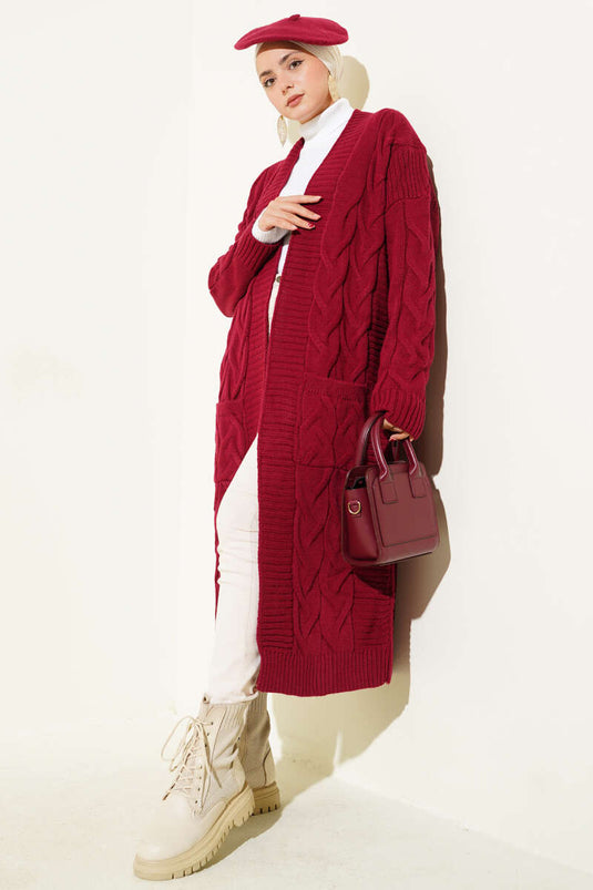 Cepli Örgü Desenli Uzun Hırka Bordo