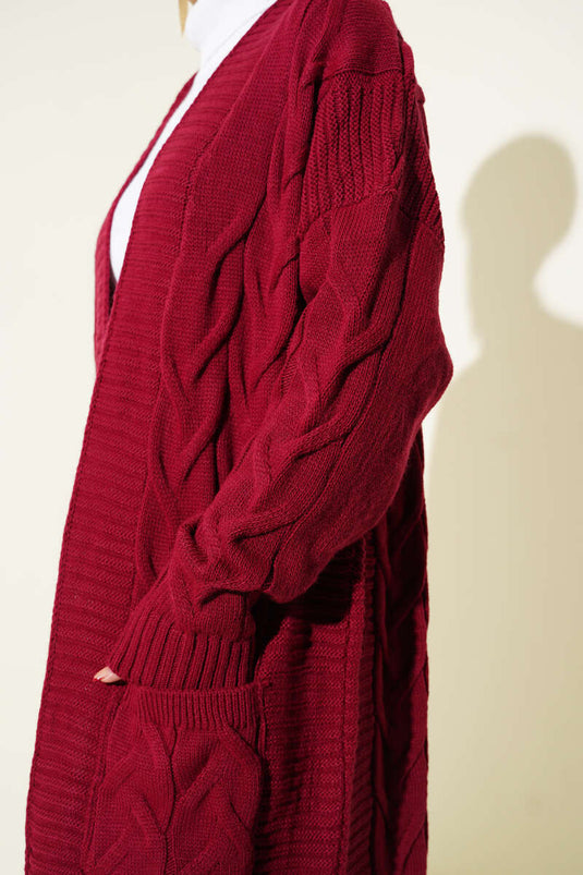 Lang vest met zak en gebreid patroon, bordeauxrood