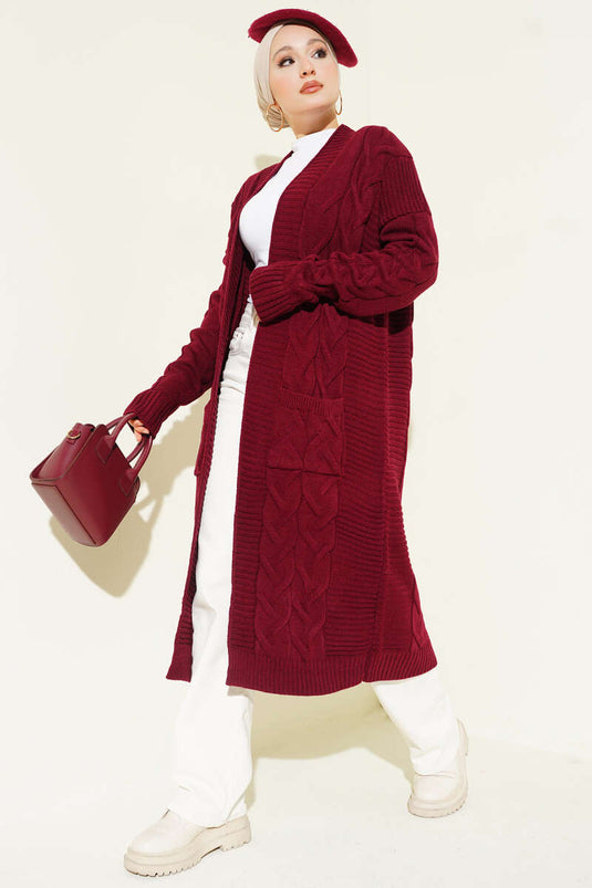 Lange Cardigan Met Zakken En Gebreid Patroon, Bordeauxrood