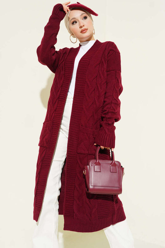 Cepli Örgü Desenli Uzun Hırka Burgonya