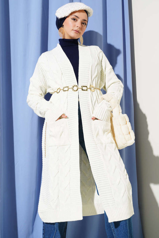 Ecru Long Cardigan with Knitted Pattern and Pockets