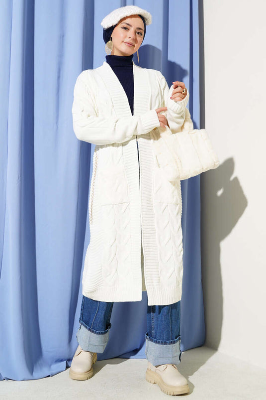 Cepli Örgü Desenli Uzun Hırka Ekru