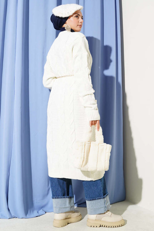 Cepli Örgü Desenli Uzun Hırka Ekru