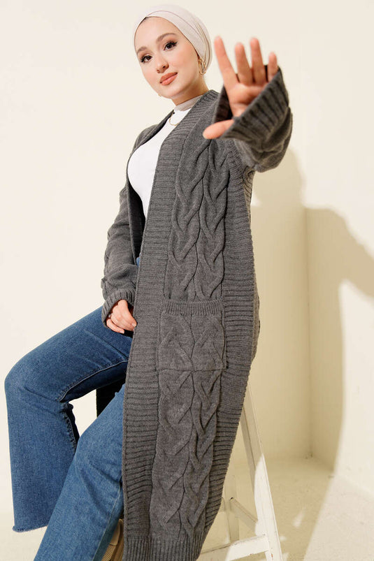 Gilet Long En Tricot À Poches En Fumée Grise