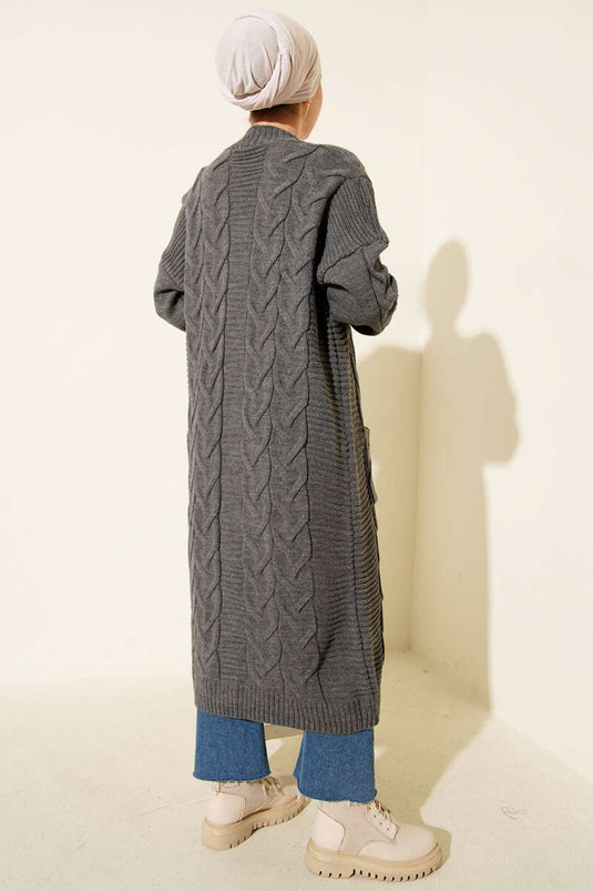 Gilet Long En Tricot À Poches En Fumée Grise