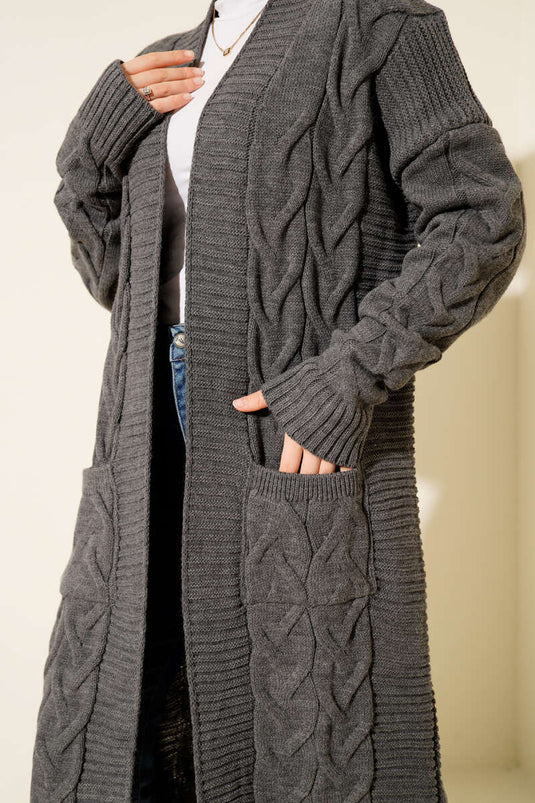 Gilet Long En Tricot À Poches En Fumée Grise