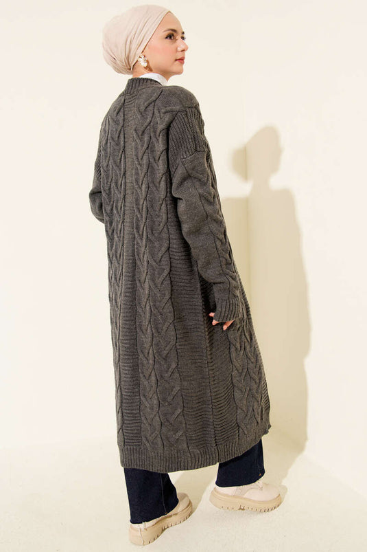 Lange cardigan met zak en gebreid patroon, rook