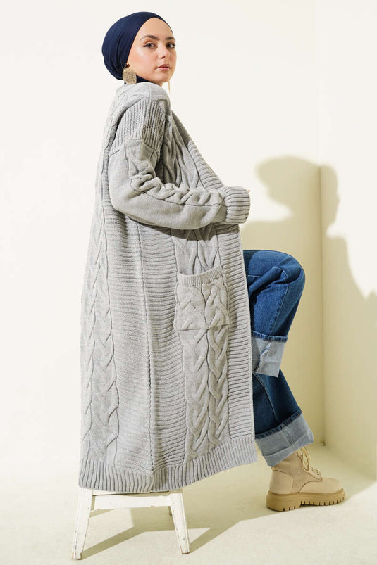 Long Gray Cardigan with Knitted Pattern and Pockets