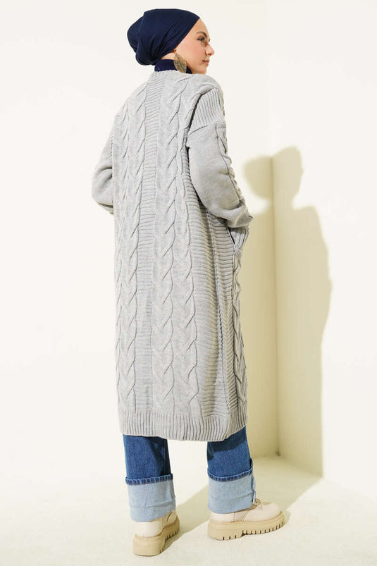 Long Gray Cardigan with Knitted Pattern and Pockets