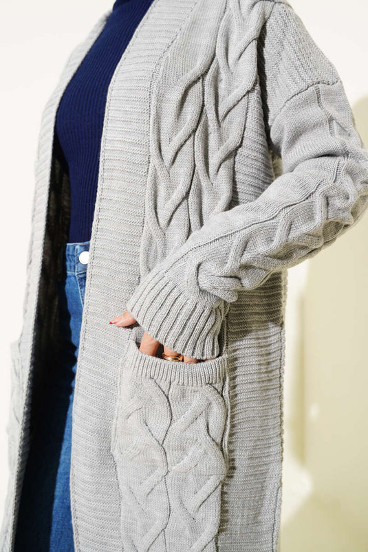 Long Gray Cardigan with Knitted Pattern and Pockets