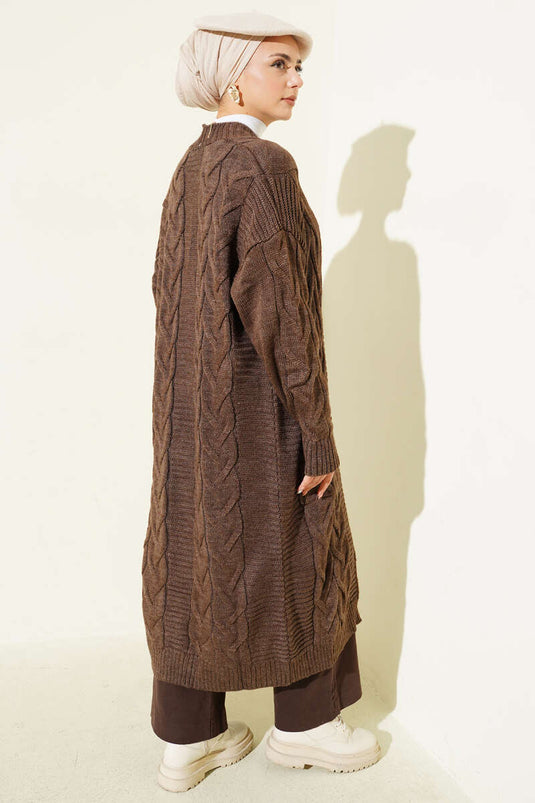 Pocket Knitted Patterned Long Cardigan Brown