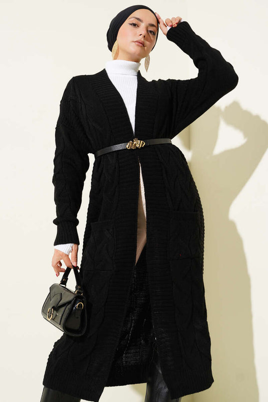 Long Black Cardigan with Pockets and Knitted Pattern