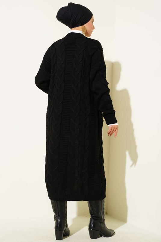 Cepli Örgü Desenli Uzun Hırka Siyah