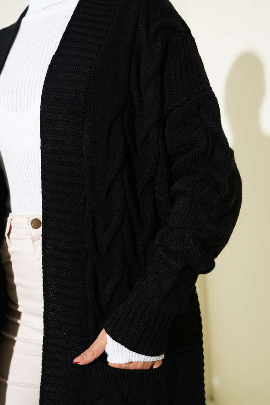 Long Black Cardigan with Pockets and Knitted Pattern