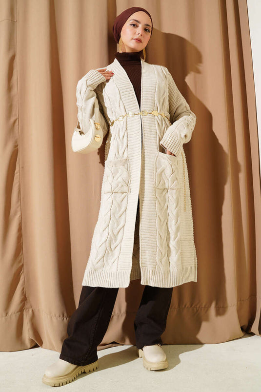 Cepli Örgü Desenli Uzun Hırka Taş