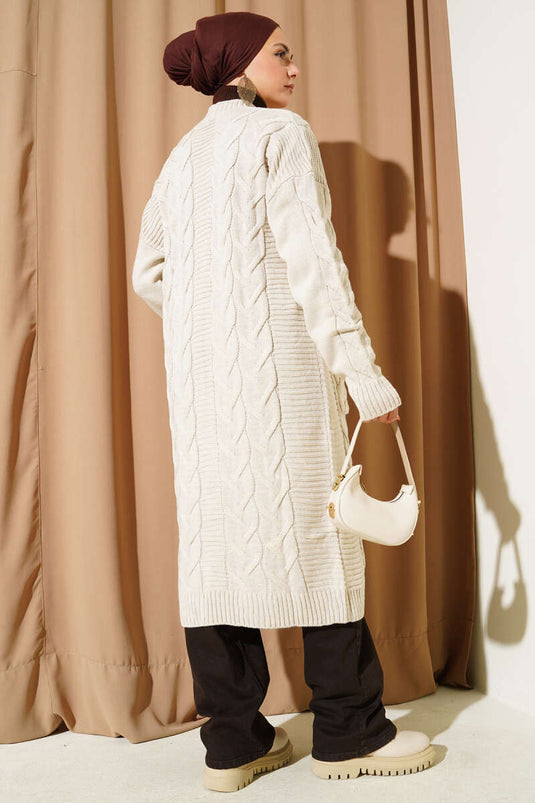 Cepli Örgü Desenli Uzun Hırka Taş