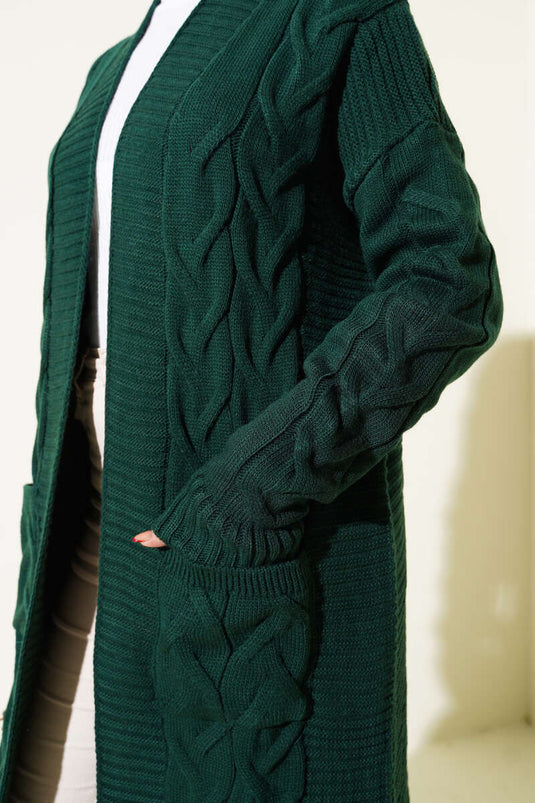 كارديجان طويل بجيوب ونقشة محبوكة، أخضر زمردي