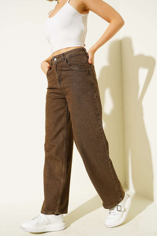 Pocketed Palazzo Jeans, Brown
