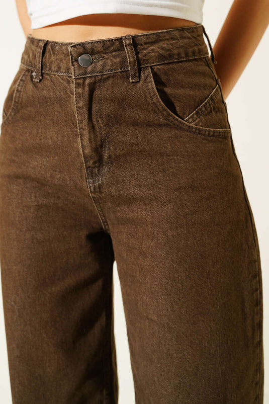 Pocketed Palazzo Jeans, Brown