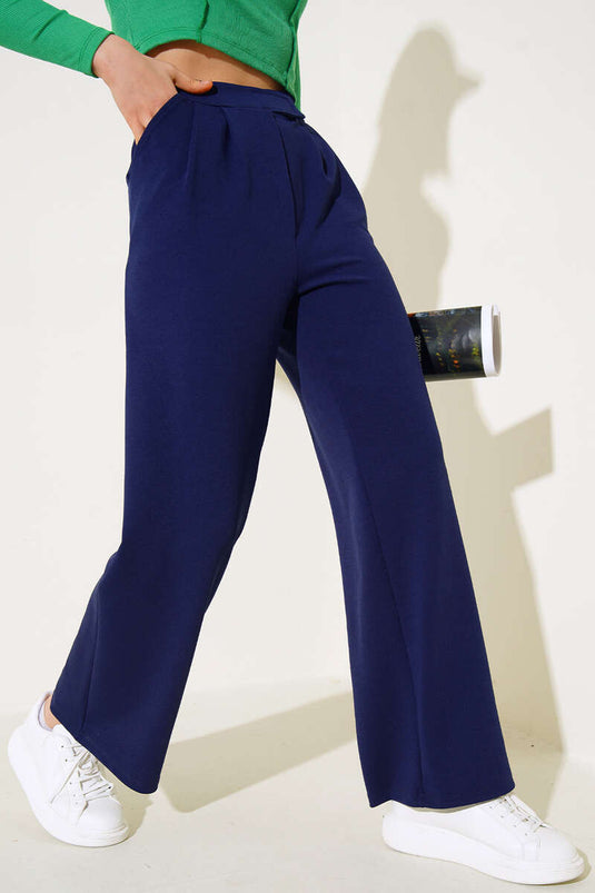 Pleated Casual Trousers with Pockets, Navy Blue