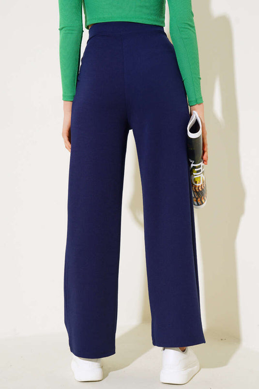 Pleated Casual Trousers with Pockets, Navy Blue