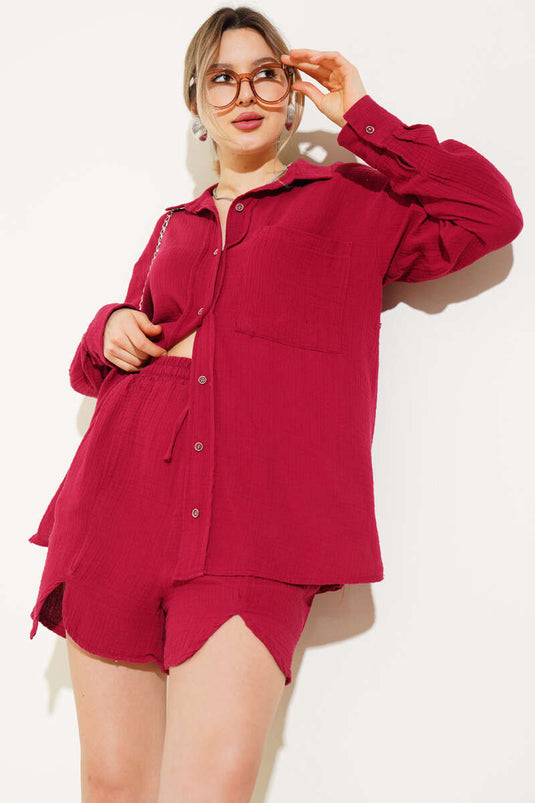 Cepli Şortlu Müslin İkili Takım Bordo