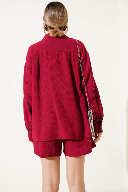 Cepli Şortlu Müslin İkili Takım Bordo