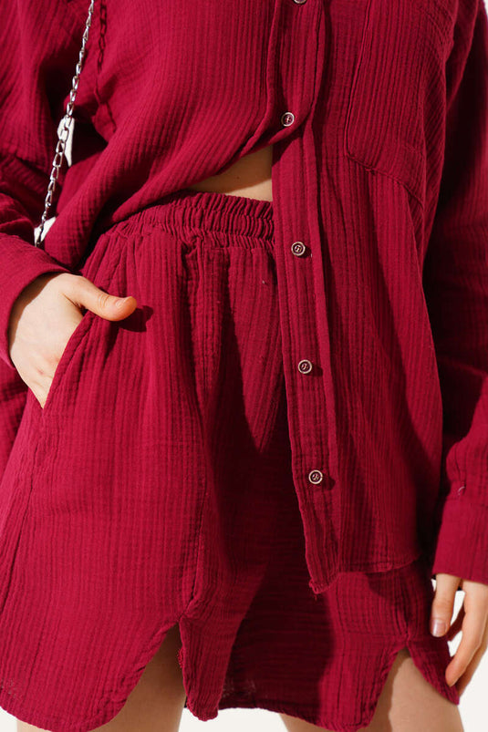 Cepli Şortlu Müslin İkili Takım Bordo