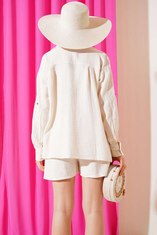 Zweiteiliges Musselin-Set mit Shorts mit Taschen, Ecru