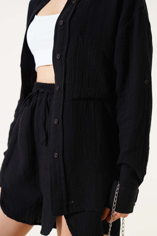 Cepli Şortlu Müslin İkili Takım Siyah