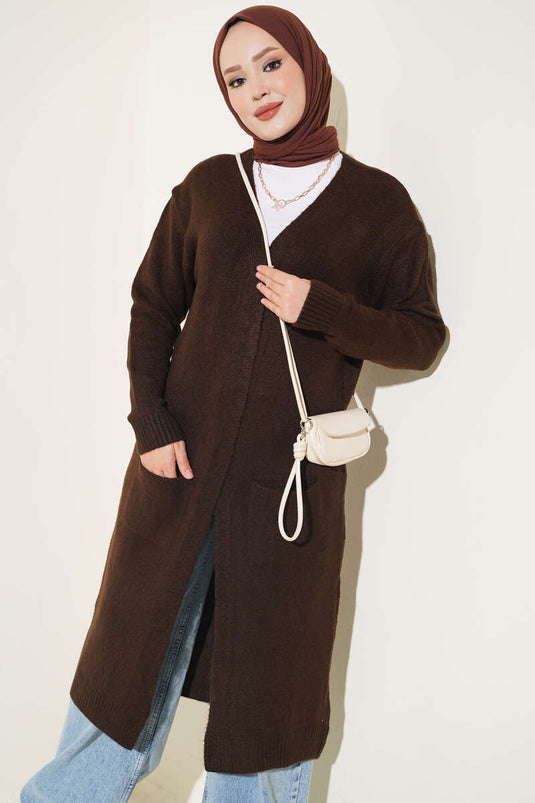 Cardigan Lungo Con Tasche In Marrone Piccante