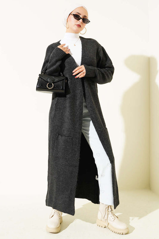 Langer Strickcardigan Mit Taschen, Anthrazit
