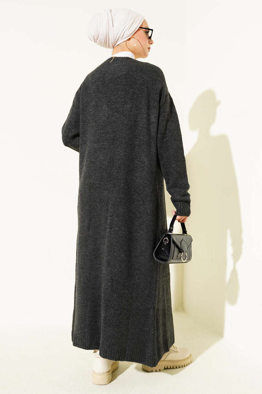 Langer Strickcardigan Mit Taschen, Anthrazit