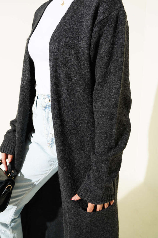 Langer Strickcardigan Mit Taschen, Anthrazit