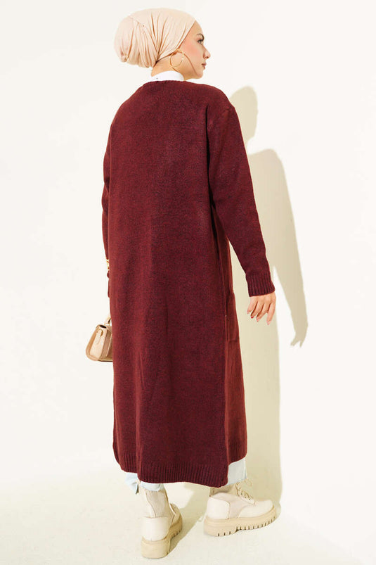Langer Strickcardigan mit Taschen, bordeauxrot